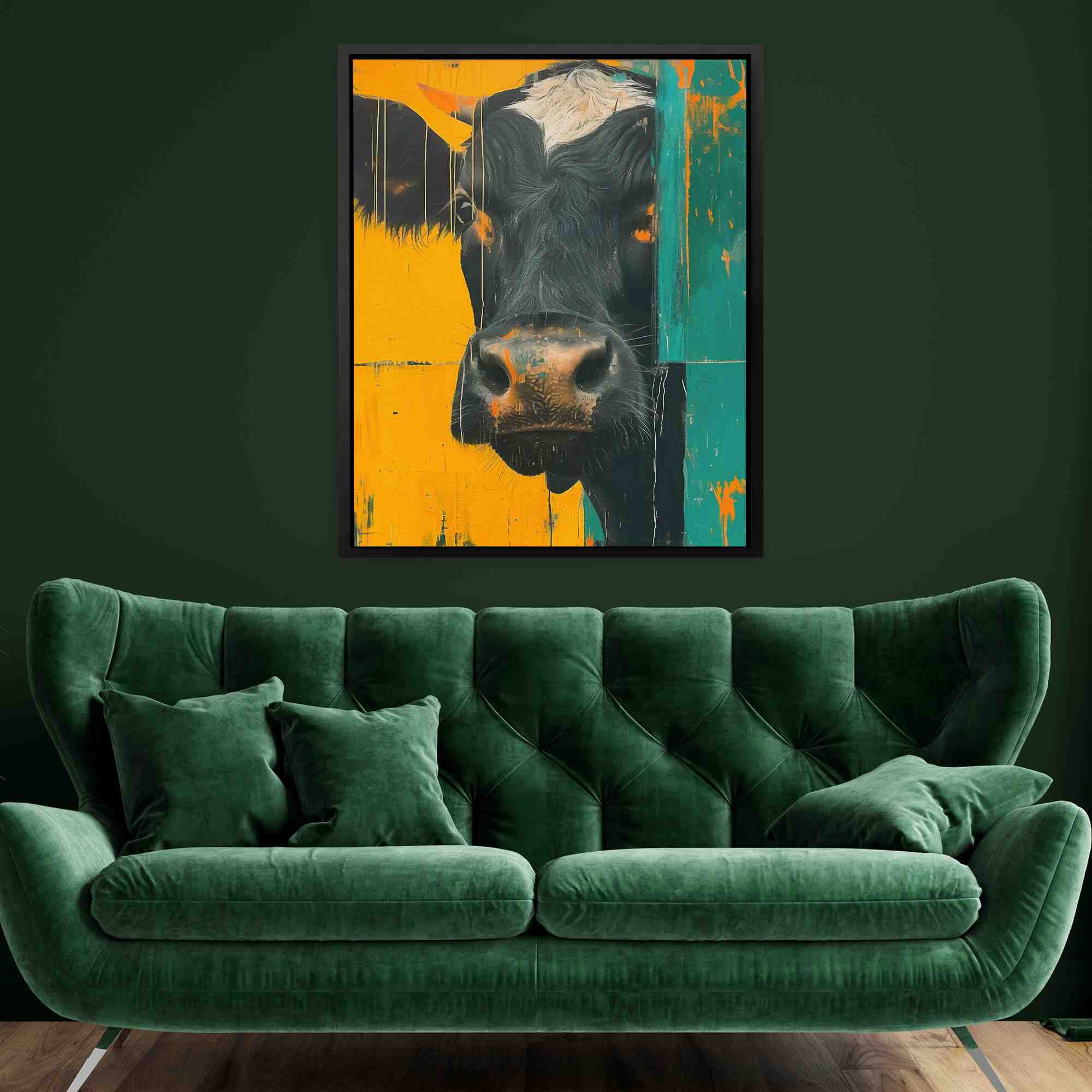 a painting of a cow with a yellow background