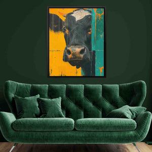 a living room with a green couch and a painting of a cow