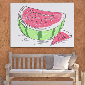 a drawing of a watermelon sitting on a bench