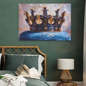 a painting of a crown on a wall above a bed