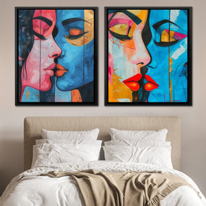 a bed with two paintings on the wall above it