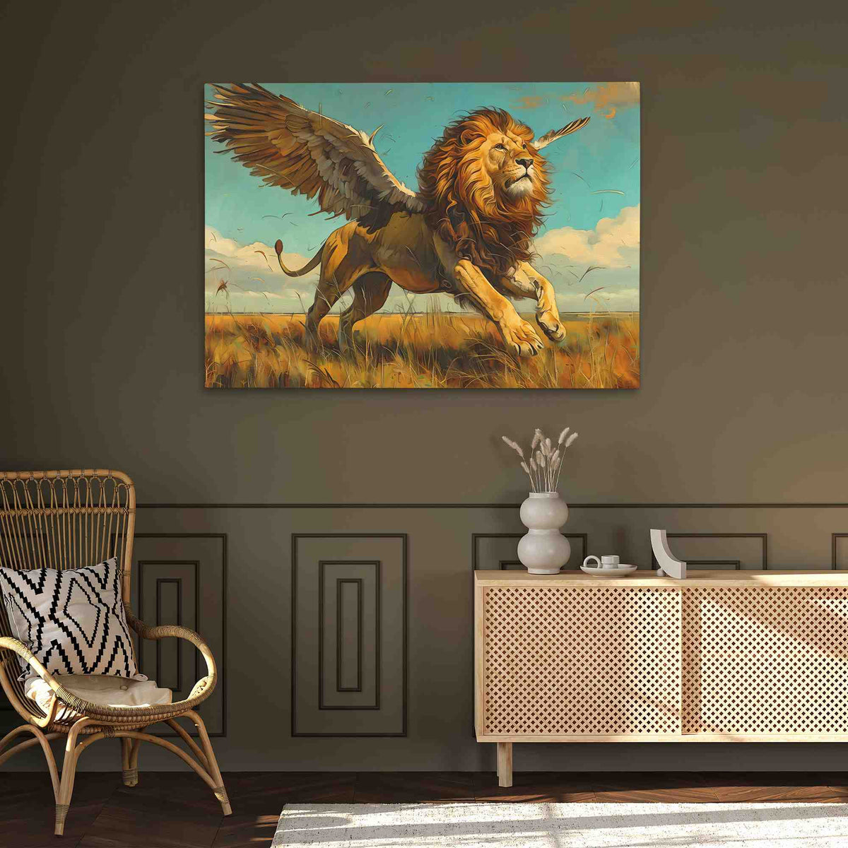 a painting of a lion running through a field