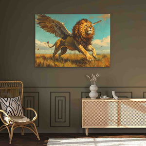 a painting of a lion running through a field