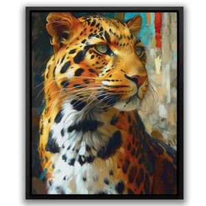 a painting of a leopard in a black frame