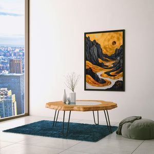 a living room with a table and a painting on the wall