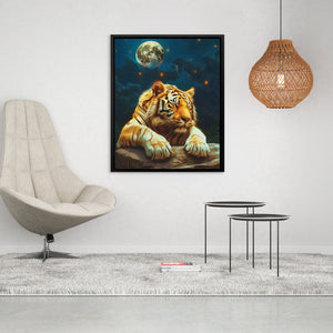 a painting of a tiger resting on a rock with a full moon in the background