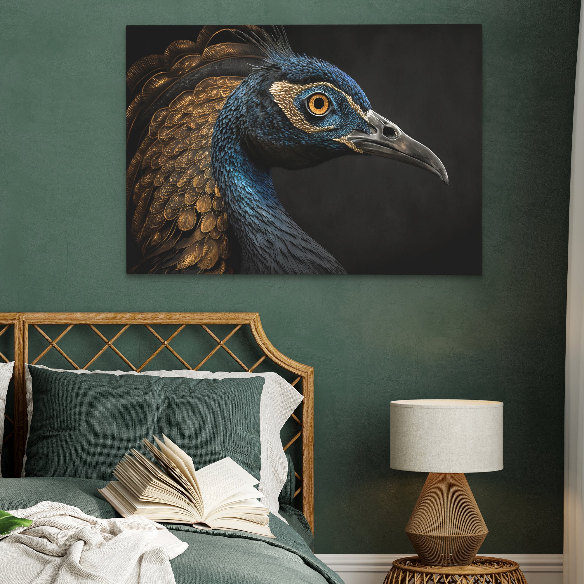 a painting of a peacock on a black background