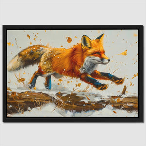 a painting of a fox running through the snow