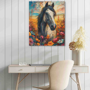 a painting of a horse in a field of flowers