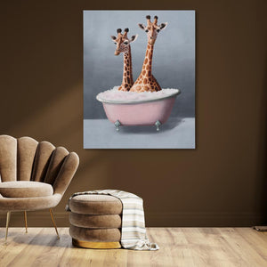 two giraffes are standing in a bathtub