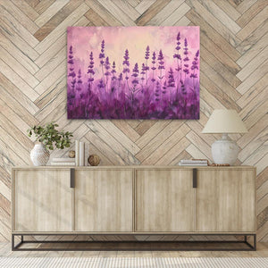 a painting of purple flowers on a wooden wall