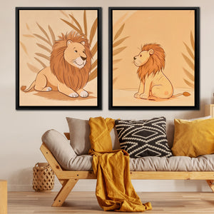 a living room with a couch and two paintings of lions