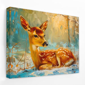 a painting of a deer in the woods