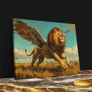 a painting of a lion with wings on a table