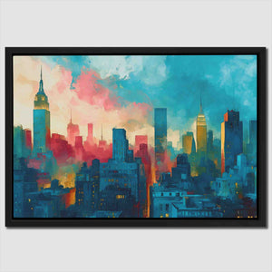 a painting of a cityscape in a black frame