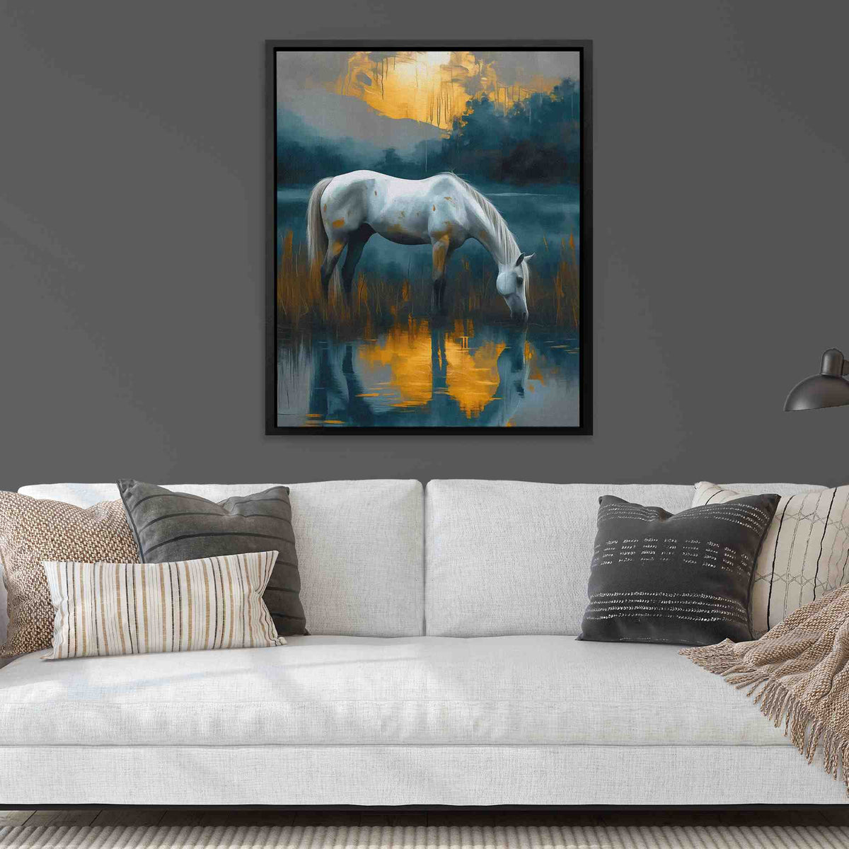 a painting of a white horse drinking water