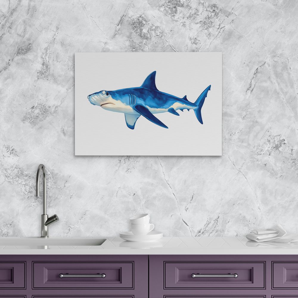 a painting of a shark on a white wall