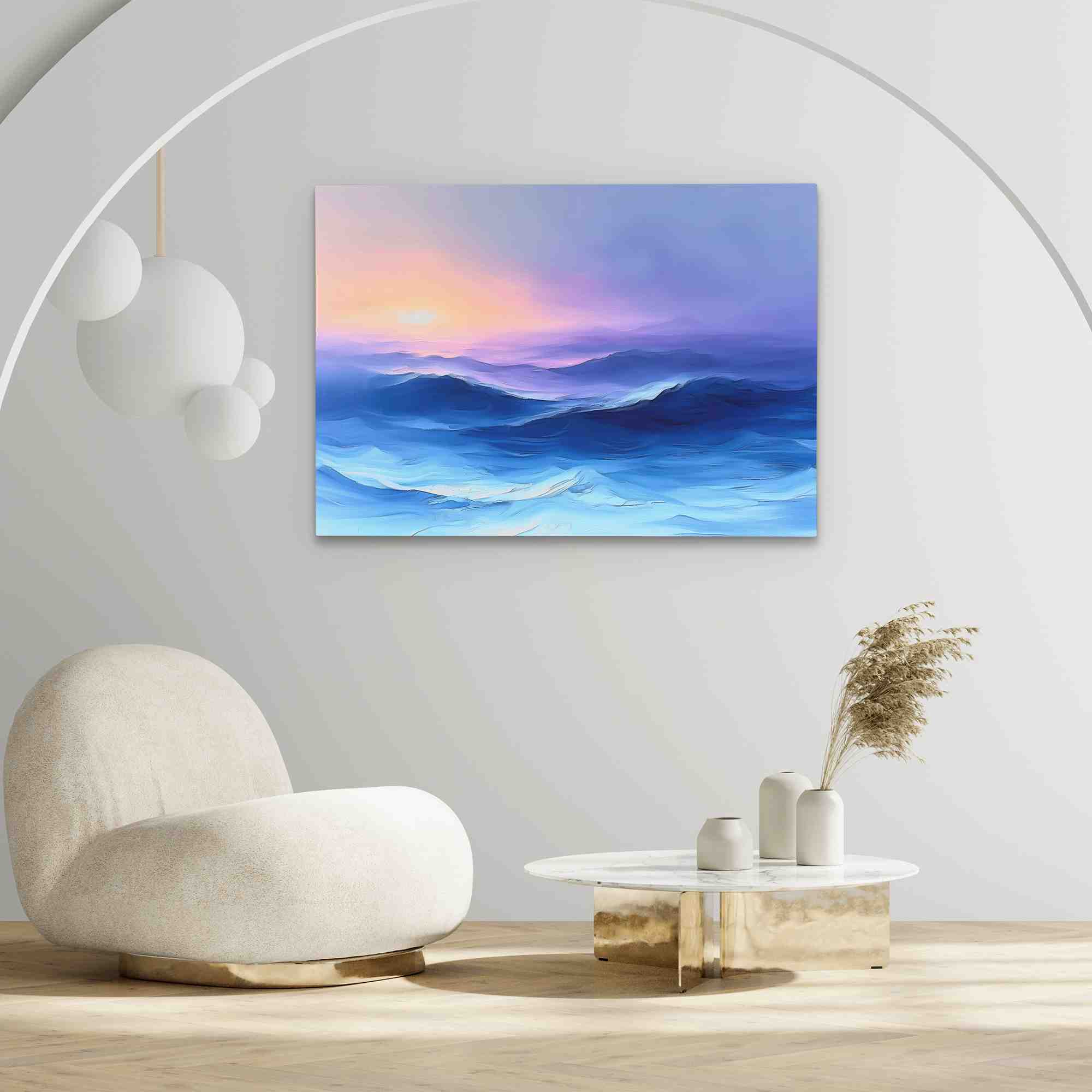 a painting of a blue ocean with a sunset in the background