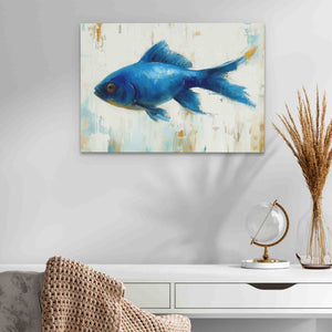 a painting of a blue fish on a white wall