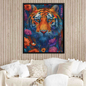 a painting of a tiger on a wall above a couch
