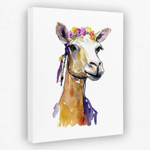 a watercolor painting of a giraffe wearing a flower crown