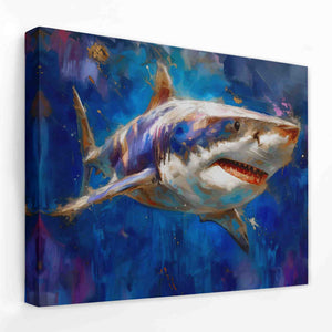 a painting of a great white shark on a blue background