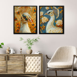 two paintings of peacocks on a wall in a room