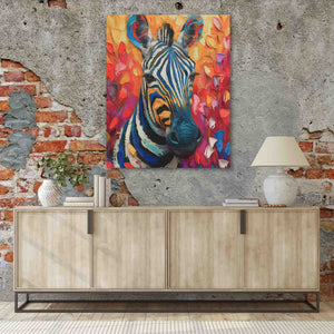 a painting of a zebra on a brick wall