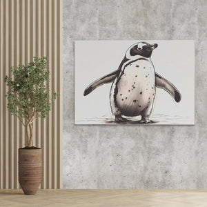 a painting of a penguin on a wall next to a potted plant