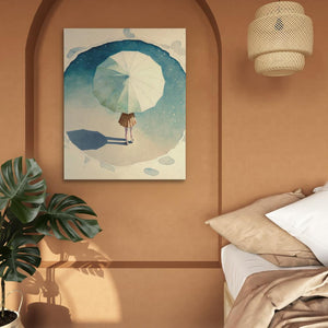 a bedroom with a bed and a painting on the wall