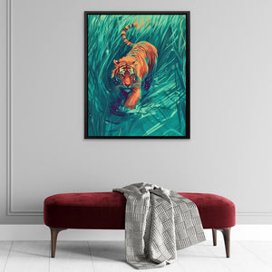 a painting of a tiger swimming in a pool of water