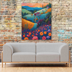 a living room with a couch and a painting on the wall