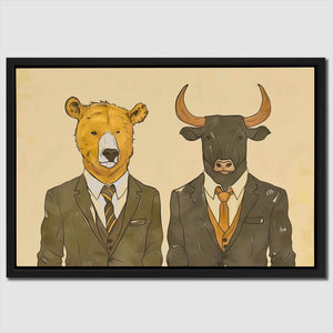 a painting of two men in suits and a bull