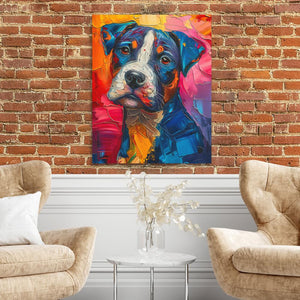 a painting of a dog on a brick wall