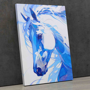 a painting of a blue horse on a white background