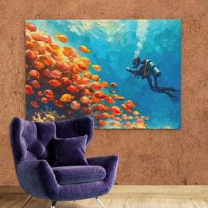 a painting of a scuba diver swimming over a coral reef