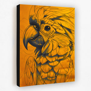 a painting of a yellow parrot on a white wall