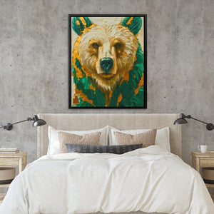 a painting of a bear on a wall above a bed