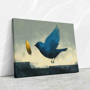 a painting of a blue bird and a yellow leaf