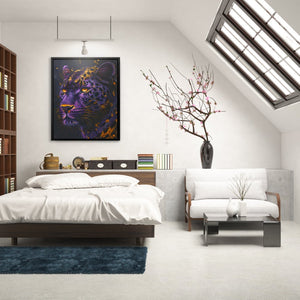 a bedroom with a bed, a couch, and a painting on the wall