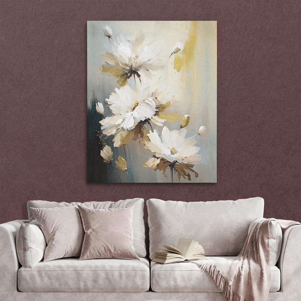 a painting of white flowers on a gray background