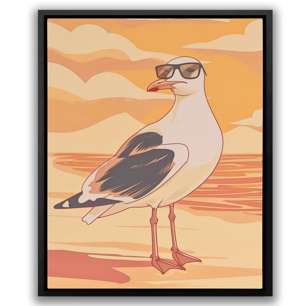 a painting of a seagull wearing sunglasses