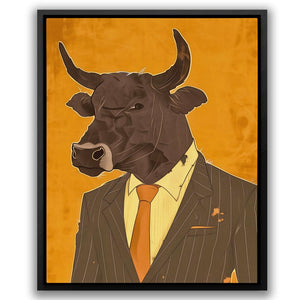 a painting of a bull wearing a suit and tie