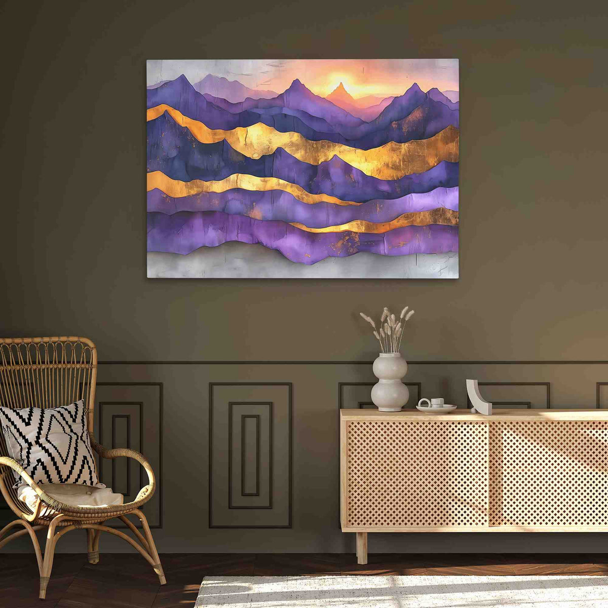 a living room with a painting on the wall