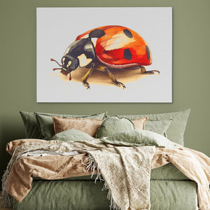 a painting of a ladybug on a wall above a bed