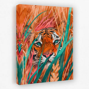 a painting of a tiger hiding in tall grass