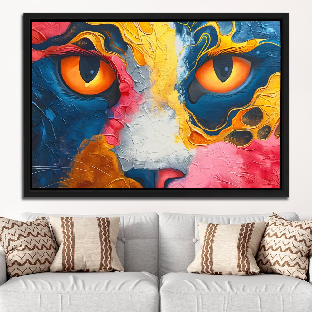 a painting of a cat's face with orange eyes