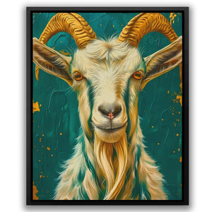 a painting of a goat with long horns