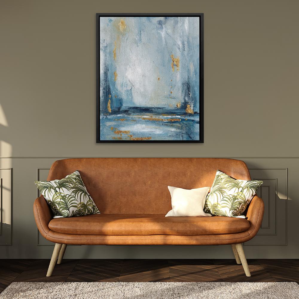 a painting on a white wall with blue and gold colors