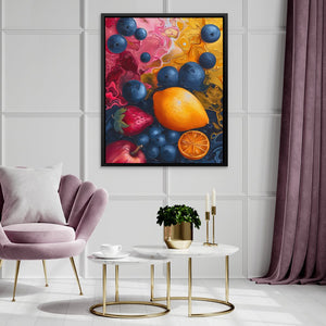 a living room scene with a painting on the wall